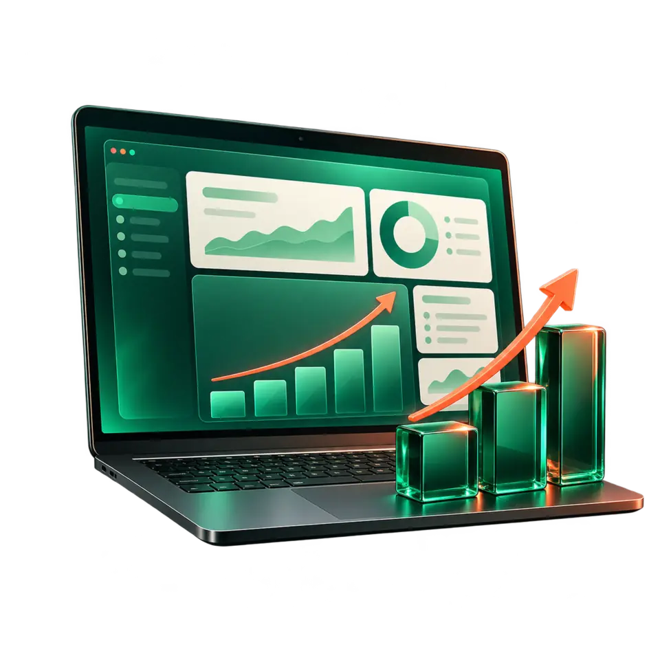 Laptop with digital marketing analytics and rising growth charts